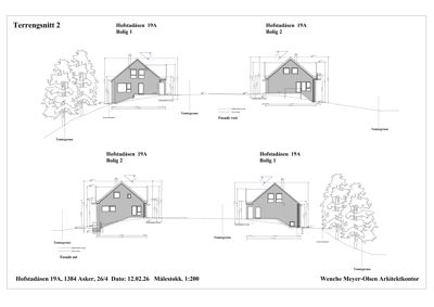Terrenngnitt som viser bygningens høydeforhold i forhold til terrenget og nabotomter.