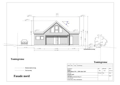 Fasadetegning av en bolig sett fra nord, med mål og terrengreferanser.
