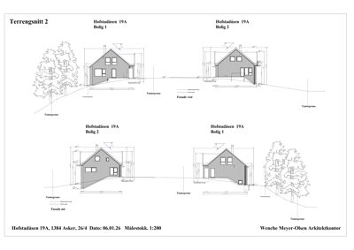 Terrenngnitt som viser bygningens høyde i forhold til terrenget og fasader.