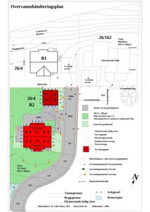 Overvannshåndteringsplan som viser tomtens beliggenhet, bebyggelse, terrengforhold og avrenningssystemer.