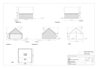 Bildet viser en tegning med etasjeplan (Plan) og fasadeopprikk (Fasade vest, øst, sør, nord) for en garasje.