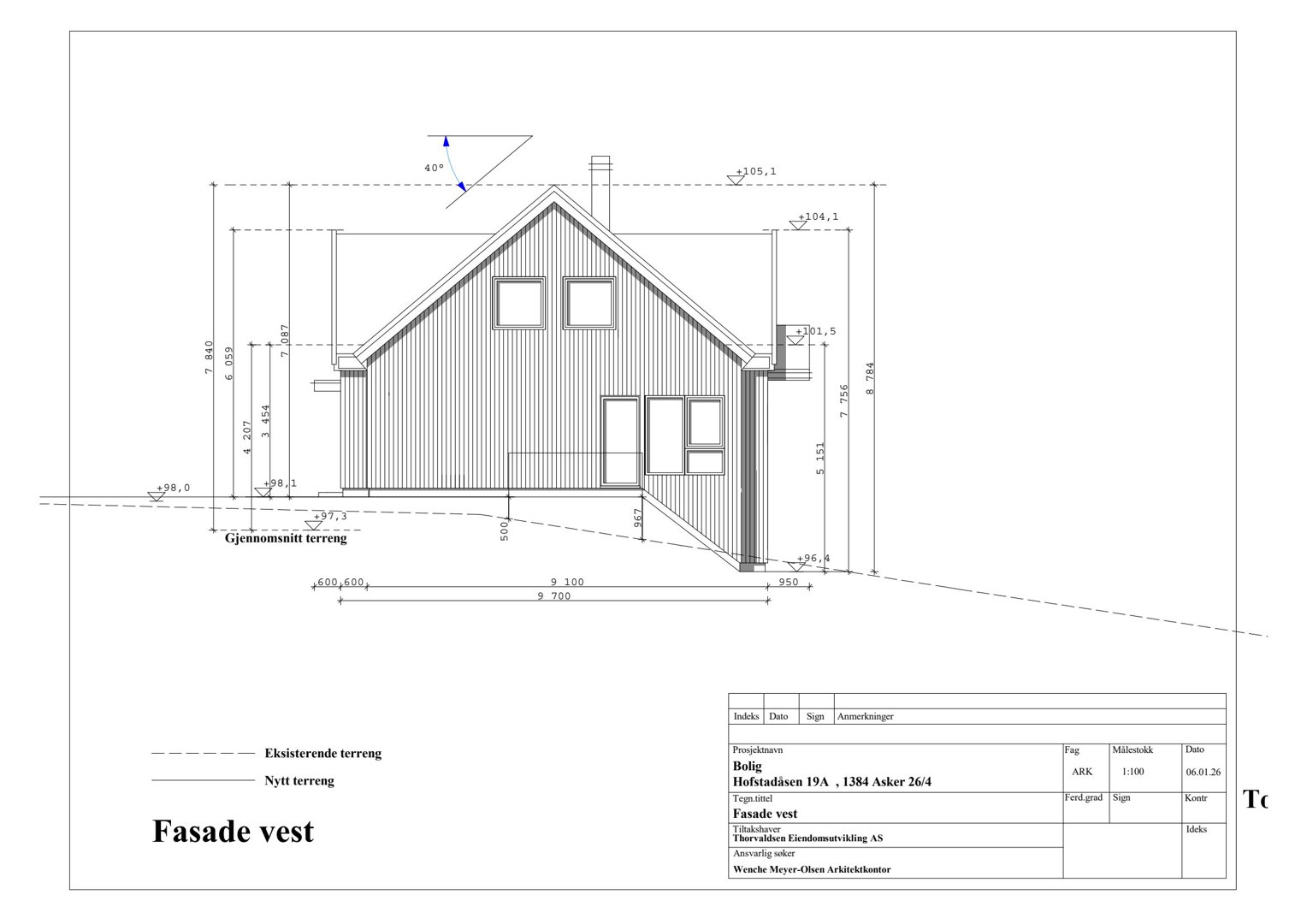 Fasadetegning av bygning sett fra vest, med mål og terrenglinjer
