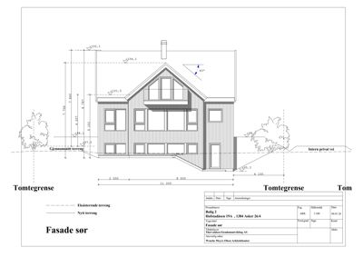 Fasade tegning av en bolig sett fra sør, med mål og terrengreferanser.