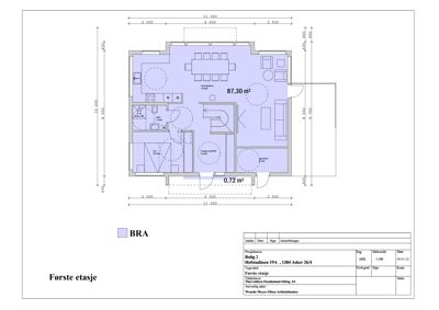 Etasjeplan for første etasje med romfordeling og mål.