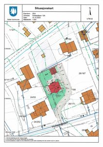 Situasjonskart som viser eiendomsnummer 26/4 i Hofstadåsen 19A, med naboeiendommer, vegforhold og kommunegrenser.