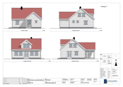 Fasadetegning som viser alle sider av en planlagt bygning (Sørøst, Nordøst, Nordvest, Sørvest) med mål og detaljer.