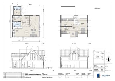 En tegning som viser etasjeplaner (1. og 2. etasje), snittegninger (Snitt A og B) samt oppriss for en bolig.