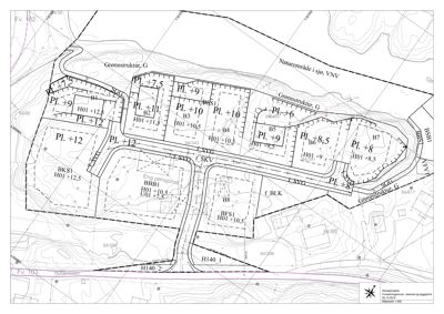 Situasjonsplan som viser tomtedeling, høydemål, vegforløp og arealbruk.