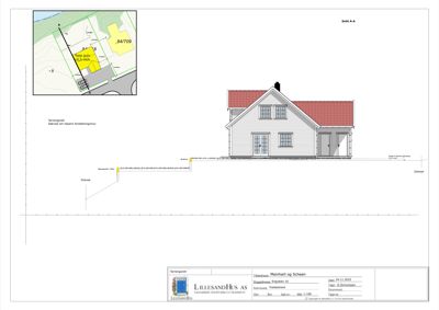 Fasadetegning (opprikk) av en villa med garasje, inkludert situasjonsplan i øvre venstre hjørne.