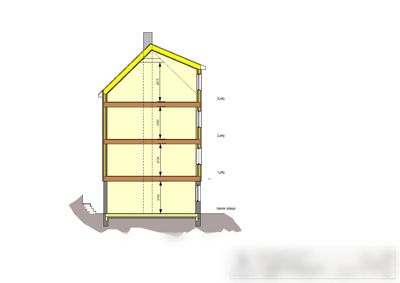 Snittegning (Snitt A-A) som viser bygningens høyder, etasjer og konstruksjon.
