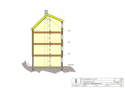 Snittegning (Snitt A-A) som viser bygningens høyder, etasjer og konstruksjon.