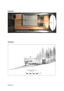 Bildet viser en plantegning av et soverom og en terrengsnitttegning av en hytte i skogen.