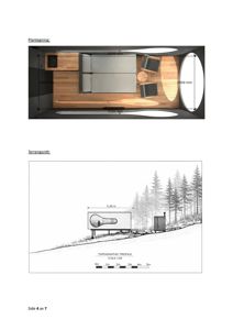 Bildet viser en plantegning av et soverom og en terrengsnitttegning av en hytte i skogen.