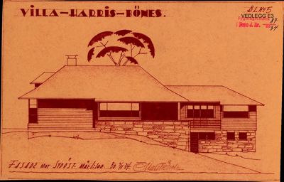 Fasadetegning av Villa Harris-Bönes sett fra sydøst, med tegnet tittel og arkitekttegning.