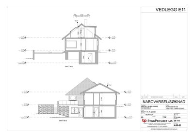 Snittegning (Snitt A-A og Snitt B-B) som viser bygningens tverrsnitt, høyder, etasjer og konstruksjon.
