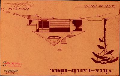 Fasadetegning av Villa Harris-Bønes sett fra sydvest med terrengforhold og mål.