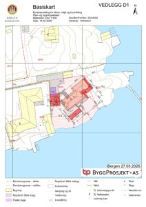 Basiskart som viser eiendomsgrenser, bygninger, høydekurver og registrerte tiltak på tomt.