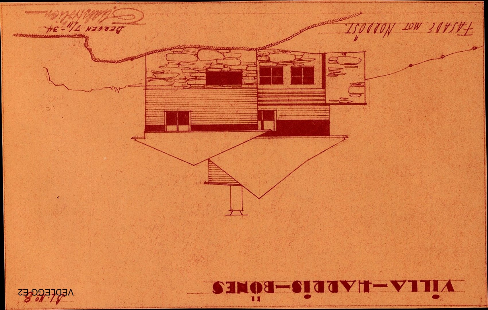 Fasadetegning av Villa Harris-Bønes sett fra nordøst, tegnet av O. Dahlstrøm i Bergen 1934.