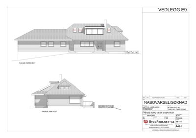 Fasadetegning som viser bygningens utseende fra nord/vest og sør/vest.