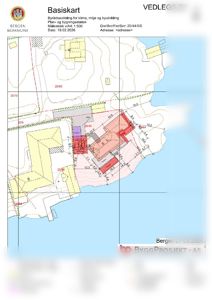 Basiskart som viser eiendomsgrenser, bygninger, høydekurver og registrerte tiltak på tomt.