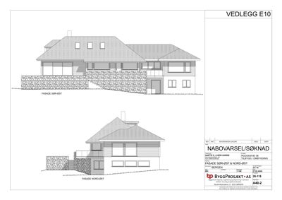 Fasadetegning som viser bygningens utseende fra to vinkler: fasade SØR-ØST og fasade NORD-ØST.