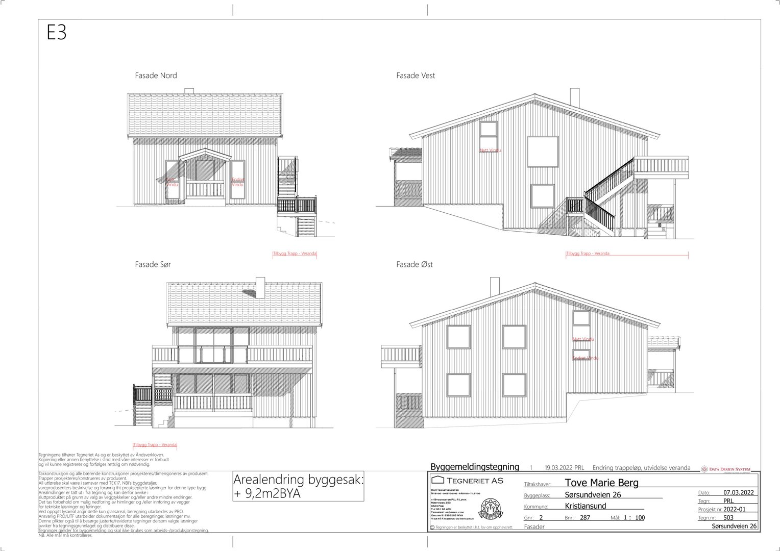 Fasadetegning som viser bygningens utseende fra fire sider (Nord, Vest, Sør, Øst) med detaljer om vinduer, dører og takform.