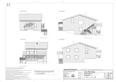 Fasadetegning som viser bygningens utseende fra fire sider (Nord, Vest, Sør, Øst) med detaljer om vinduer, dører og takform.