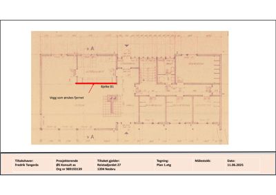 Etasjeplan eller romfordeling med merknader om veggfjerning og bjelker.