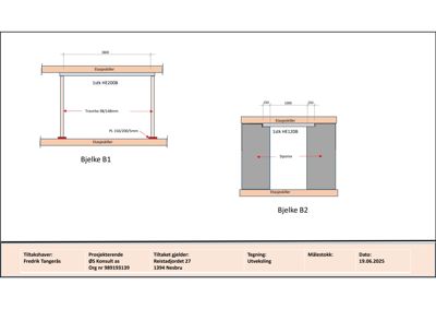 Tegning som viser detaljerte konstruksjonsløsninger for etasjeskiller (bjelker B1 og B2) med spesifikke materialer og mål.