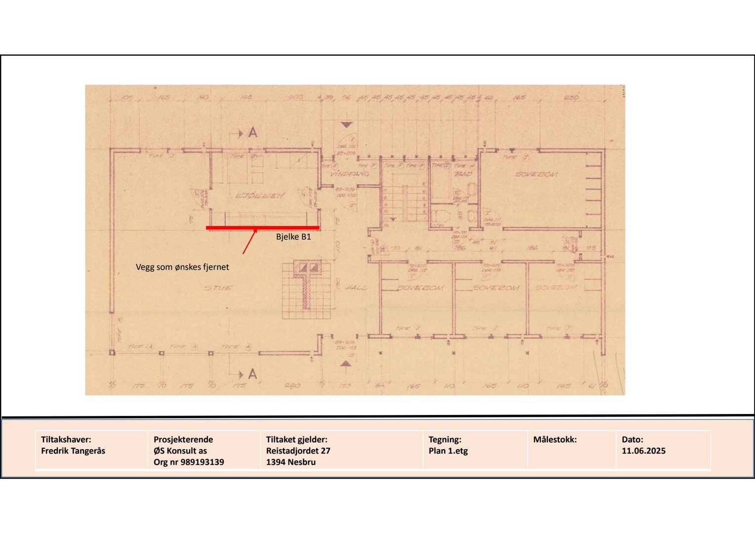 Etasjeplan eller romfordeling med merknader om veggfjerning og bjelker.