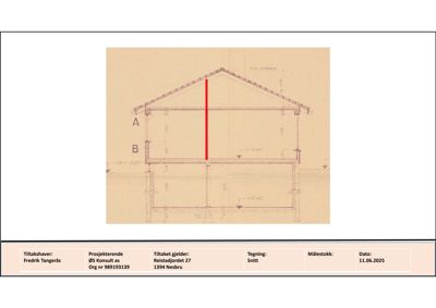 Snittegning av en bygning med etasjer A og B, som viser tverrsnittet gjennom konstruksjonen.