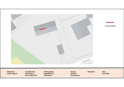 Situasjonsplan som viser tomt, nabobygninger og bygningsplassering med tilhørende tegningshode.