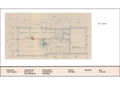 Etasjeplan eller plantegning som viser romfordeling, veggkonstruksjoner og dimensjoner. Teksten 'Plan kjeller' bekrefter at det er et plan.