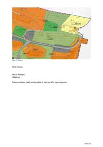 Bildet viser en situasjonsplan (plankart) med fargemerkede eiendommer, arealnummer og topografiske linjer.