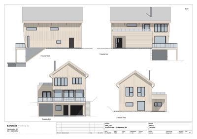 Fasadetegning som viser bygningens utseende fra fire ulike sider (Nord, Sør, Øst og Vest).