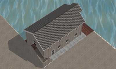 3D-visualisering av en hytte eller hus sett fra en høy vinkel.