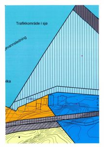 Fasadetegning som viser bygningens utseende sett fra siden, med omgivelsene inkludert.