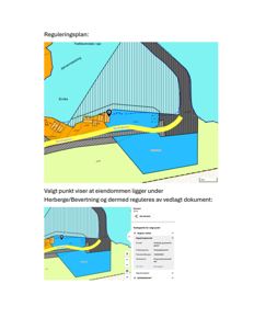 Bildet viser en reguleringsplan som illustrerer eiendomsforhold, vegnett og arealbruk i et område ved vann.