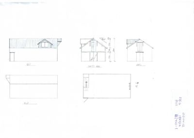 Bildet viser håndtegnede fasadetegninger av en bygning sett fra flere vinkler (vest, øst, sør, nord).