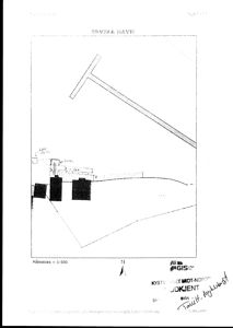 Situasjonsplan som viser bygningers plassering i forhold til kystlinjen og havn, med målestokk og nordpil.