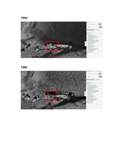 Bildet viser to flyfoto fra 1954 og 1968 som viser utviklingen av et bygg på en tomt.