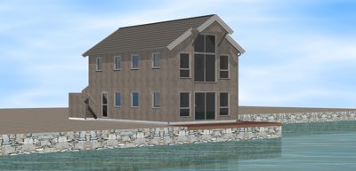 3D-visualisering av en planlagt husfasade ved vann.
