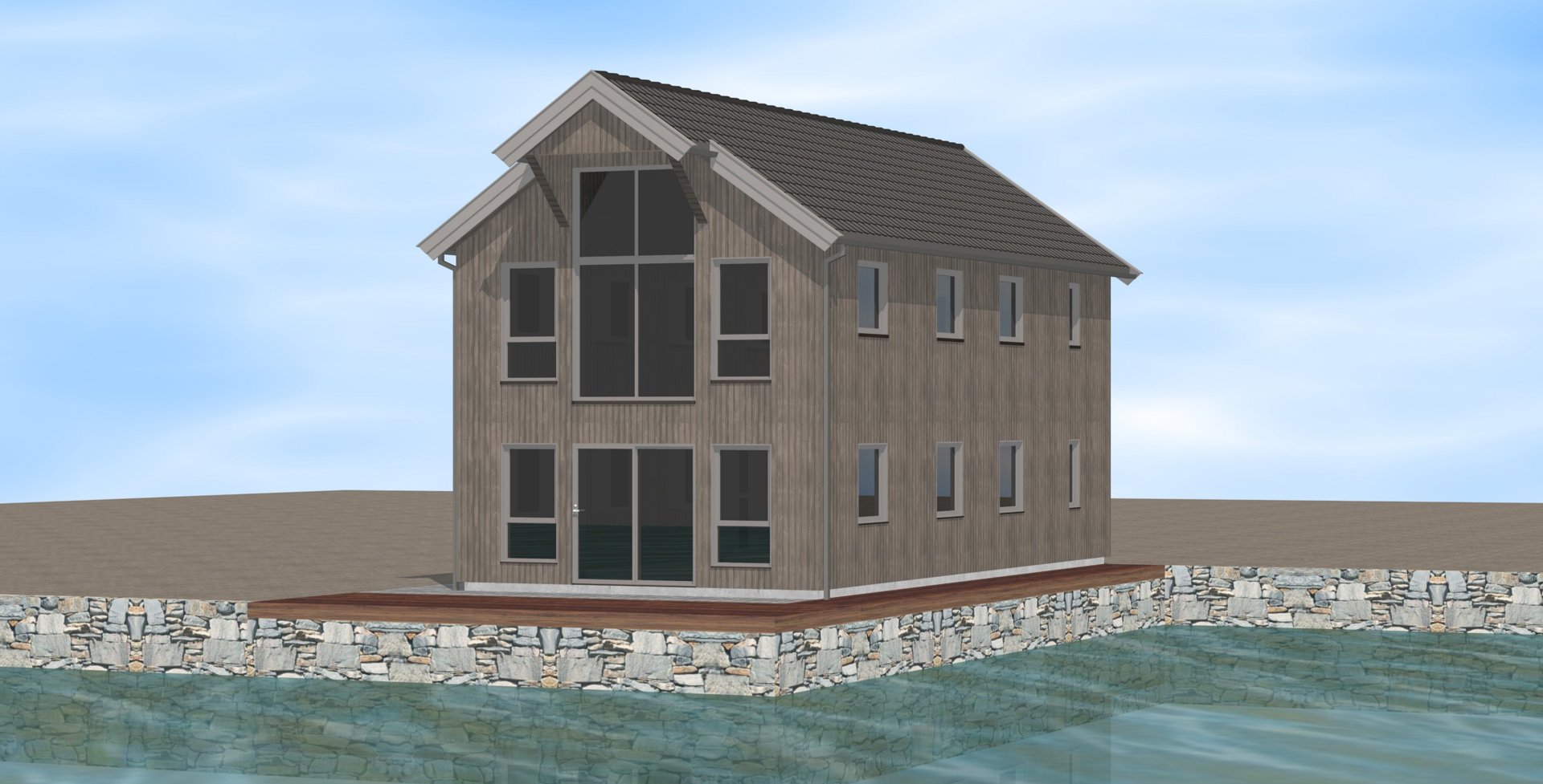 3D-visualisering av en planlagt bygning med trefasade, plassert ved vann.