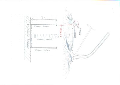 Snittegning som viser tverrsnitt av en bygning eller konstruksjon, med mål og notasjoner.
