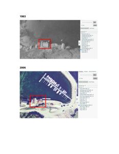 Bildet viser historiske flyfoto/kart fra 1983 og 2006 som viser utviklingen av et område med bygninger og en kai.