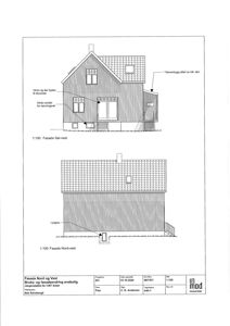 Fasadetegning som viser bygningens utseende fra sørvest og nordvest.