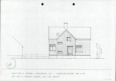 En tegning som viser fasaden mot syd-øst for en bolig.
