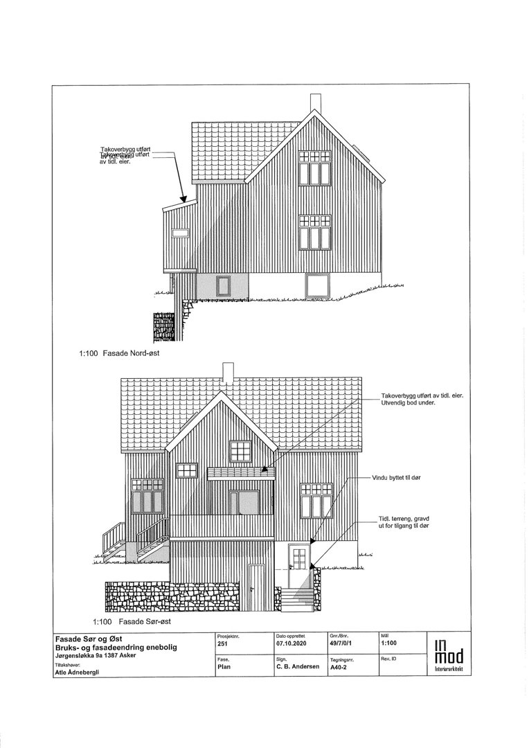 Fasadetegning som viser oppriss av en bygning sett fra nord-øst og sør-øst, med detaljer om takoverbygg og vinduslyft.