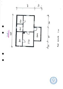 Etasjeplan (kjerleplan) som viser romfordeling (stue, bad, bod, gang) og dimensjoner for en bygning.