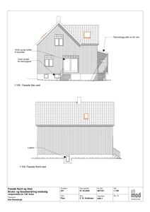 Fasadetegning som viser bygningens utseende fra sørvest og nordvest, inkludert vinduer, tak og trapp.